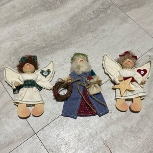 Vintage Wooden Handmade Santa Angel Set Unmarked